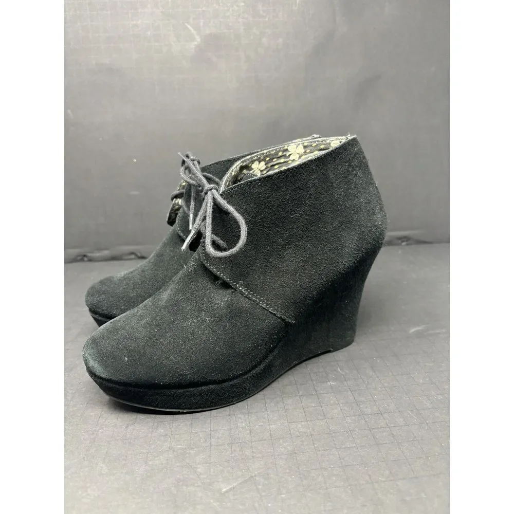 Lucky Brand Womens‎ Size 8 Black Suede Lace Up Wedge Heel Ankle Boots